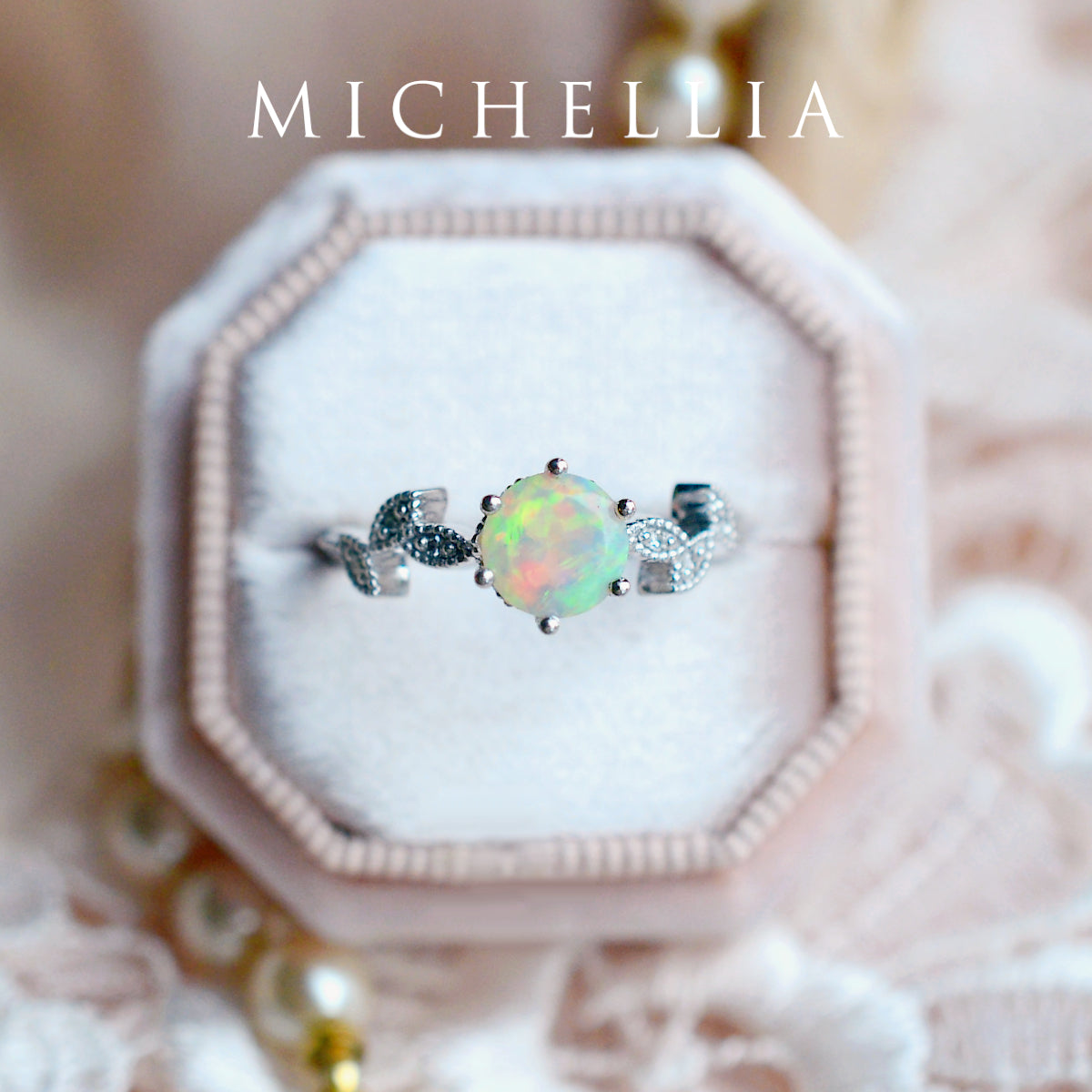 [Dahlia] Petite Floral Engagement Ring in Opal