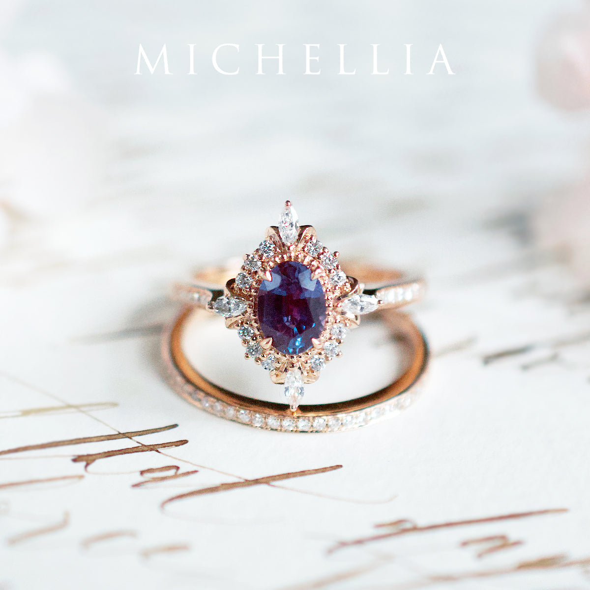 [Alessandra] Art Deco Oval Engagement Ring in Lab Alexandrite