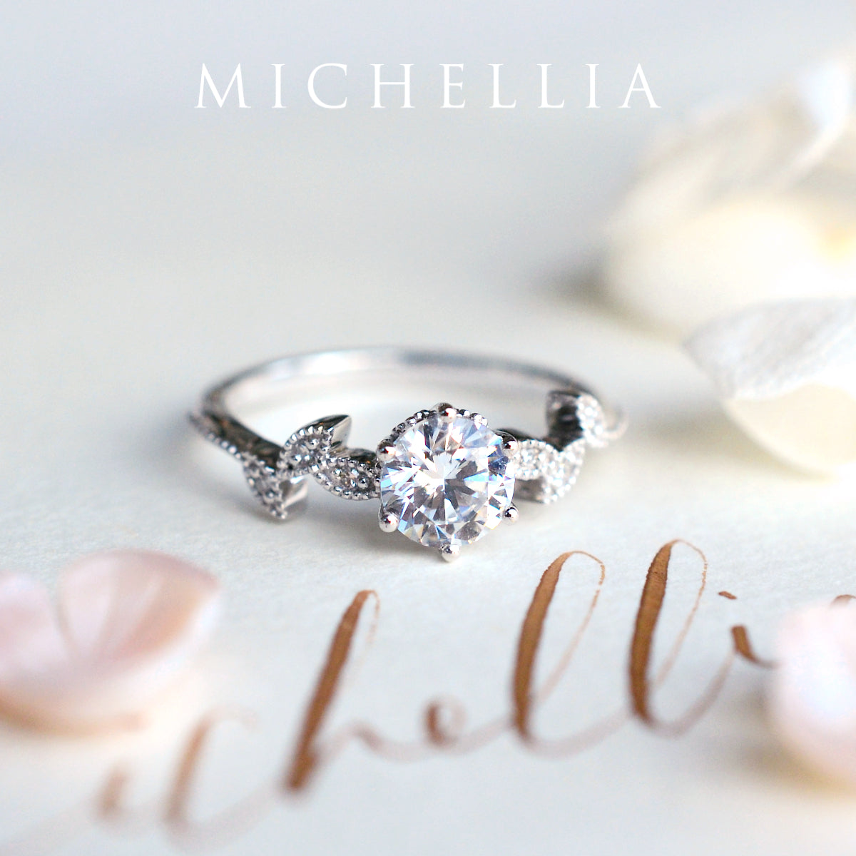 [Dahlia] Petite Floral Engagement Ring in Diamond / Moissanite