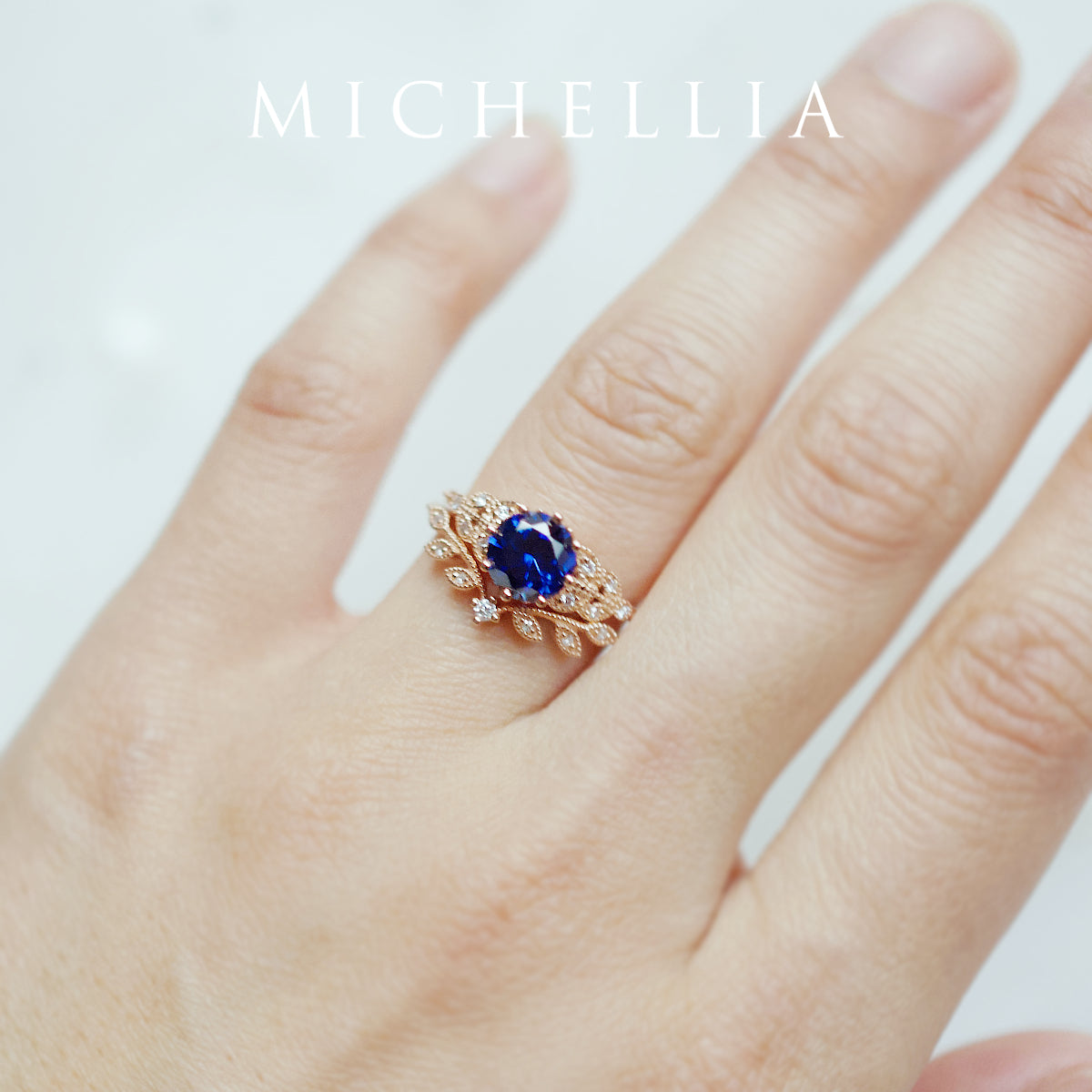 [Kerensa] Classic Floral Engagement Ring in Lab Blue Sapphire