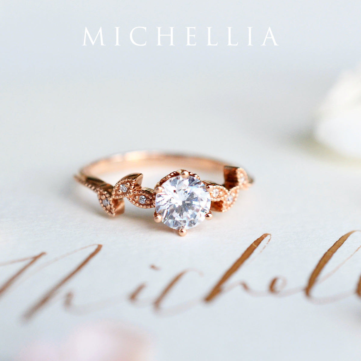 [Dahlia] Petite Floral Engagement Ring in Diamond / Moissanite