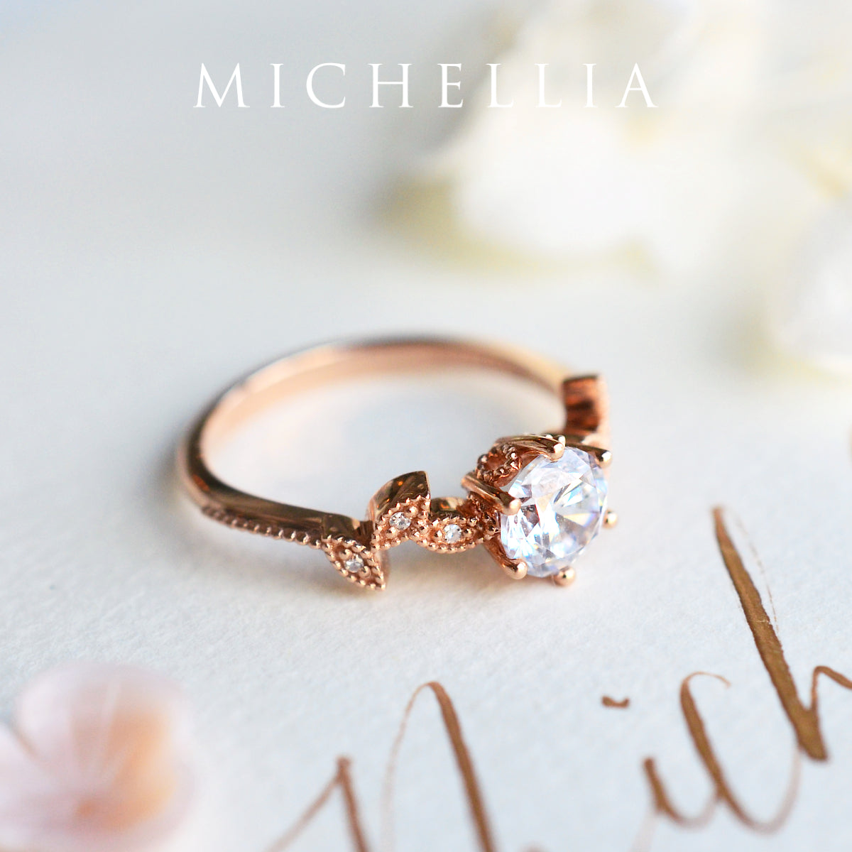 [Dahlia] Petite Floral Engagement Ring in Aquamarine