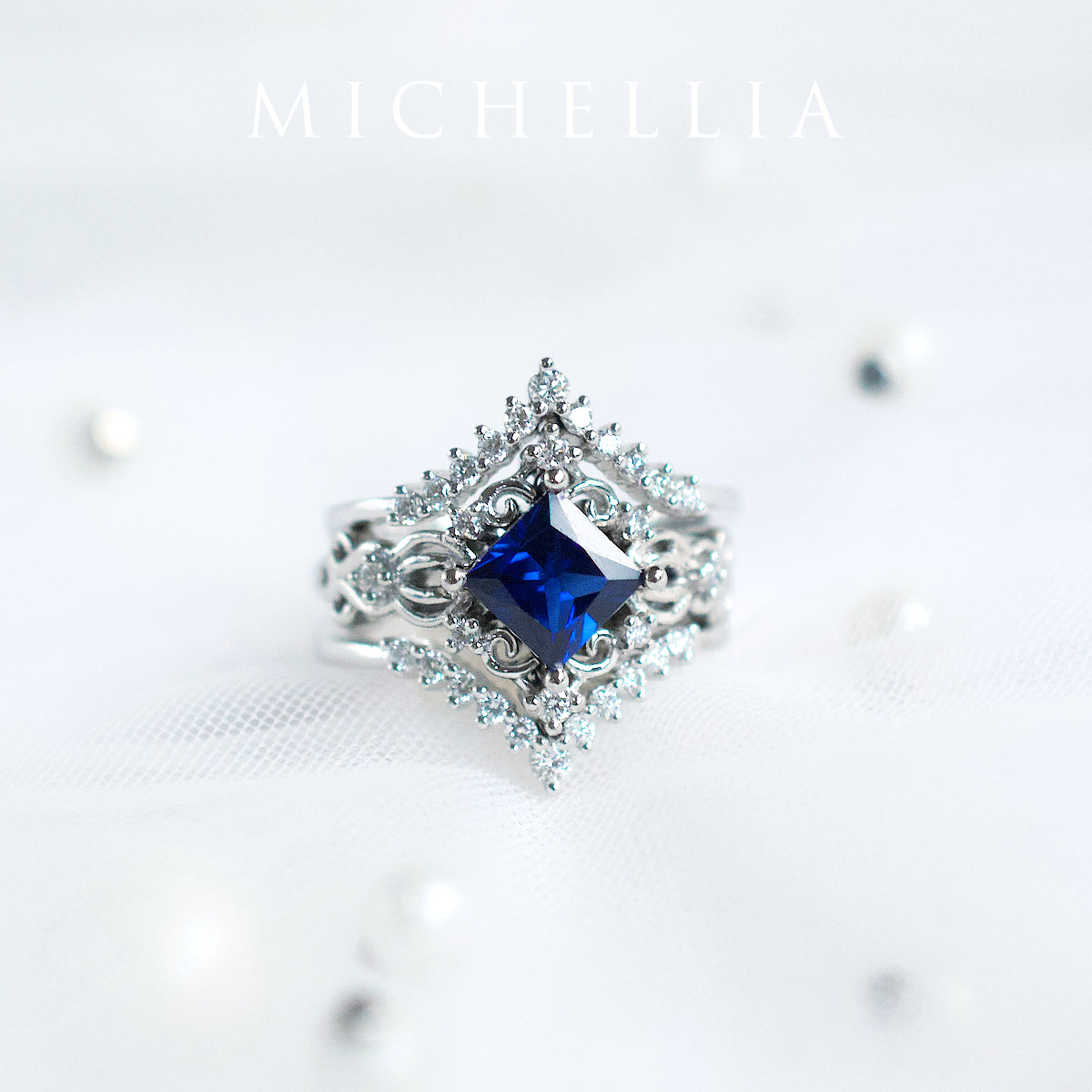 [Elsa] Vintage Square Princess Cut Engagement Ring in Lab Blue Sapphire