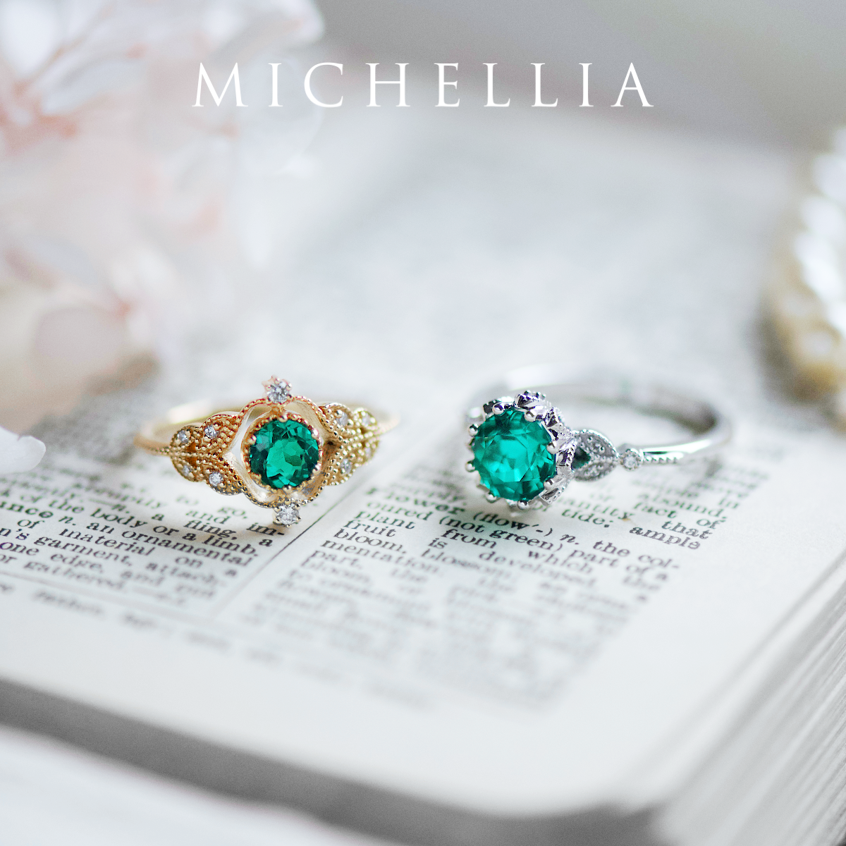 [Adeline] Vintage Rose Ring in Lab Emerald