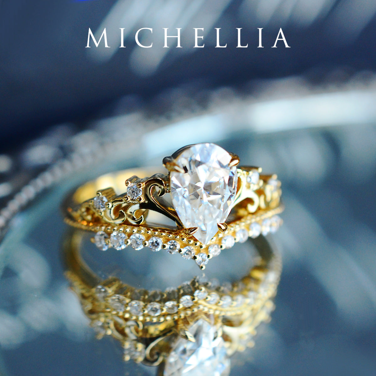 [Francesca] Heirloom Crown Pear Cut Engagement Ring in Diamond / Moissanite