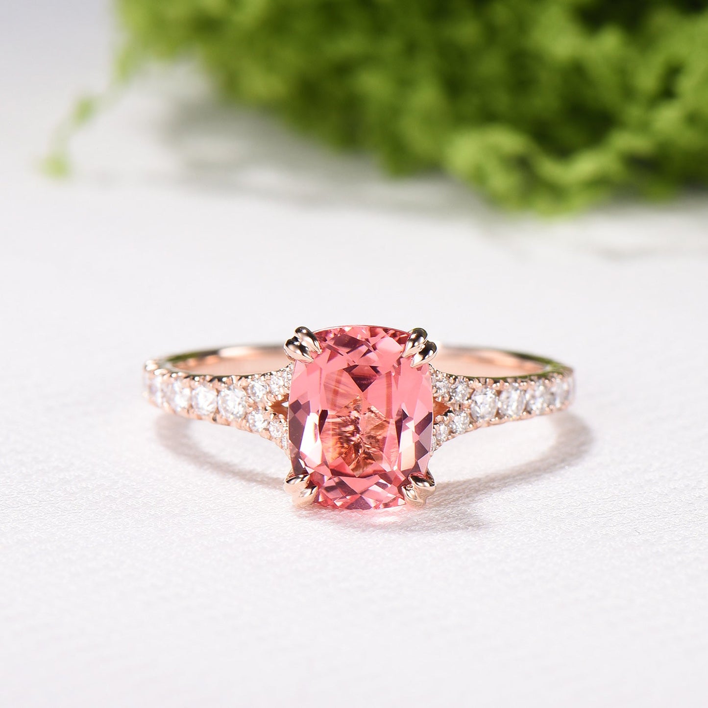 7x9mm Cushion Padparadscha Sapphire Engagement Ring, Split Shank Pave Diamond, Rose Gold Promise Ring