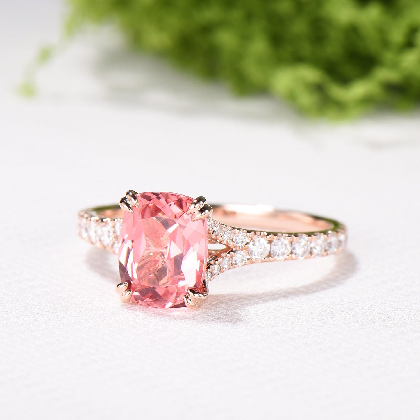 7x9mm Cushion Padparadscha Sapphire Engagement Ring, Split Shank Pave Diamond, Rose Gold Promise Ring