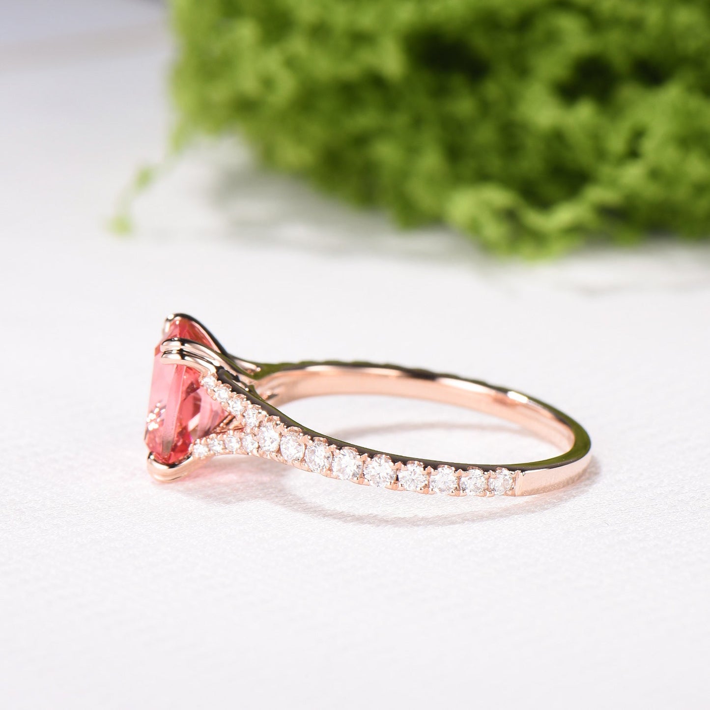 7x9mm Cushion Padparadscha Sapphire Engagement Ring, Split Shank Pave Diamond, Rose Gold Promise Ring