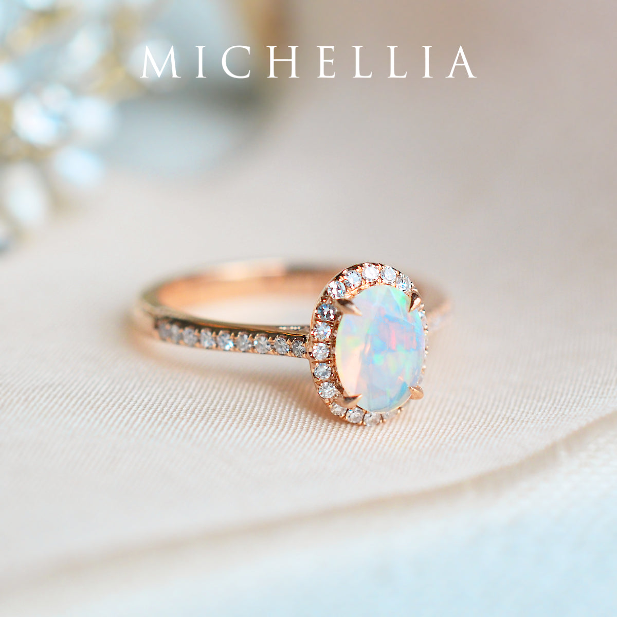 [Lenora] Petite Oval Halo Diamond Ring in Opal