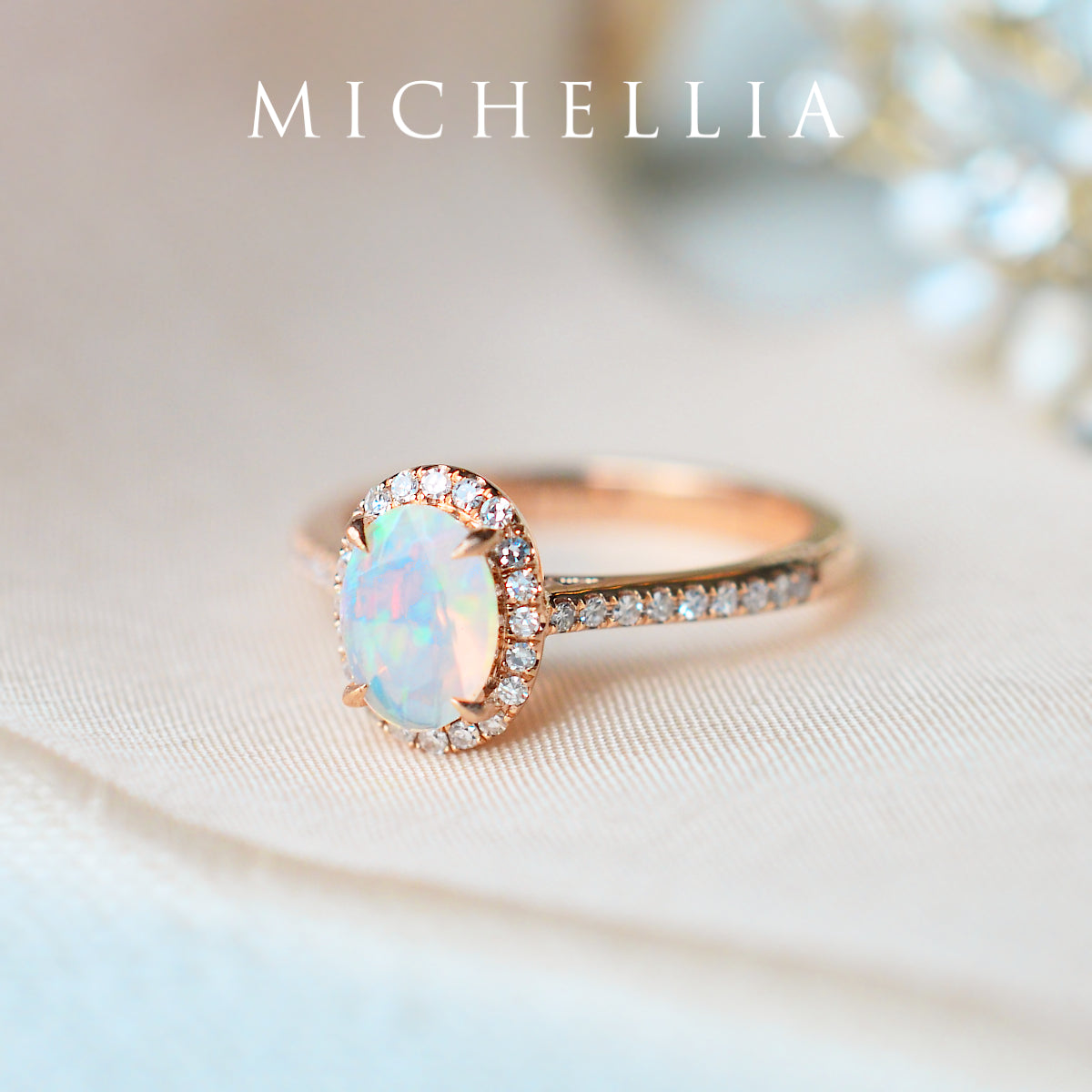 [Lenora] Petite Oval Halo Diamond Ring in Opal