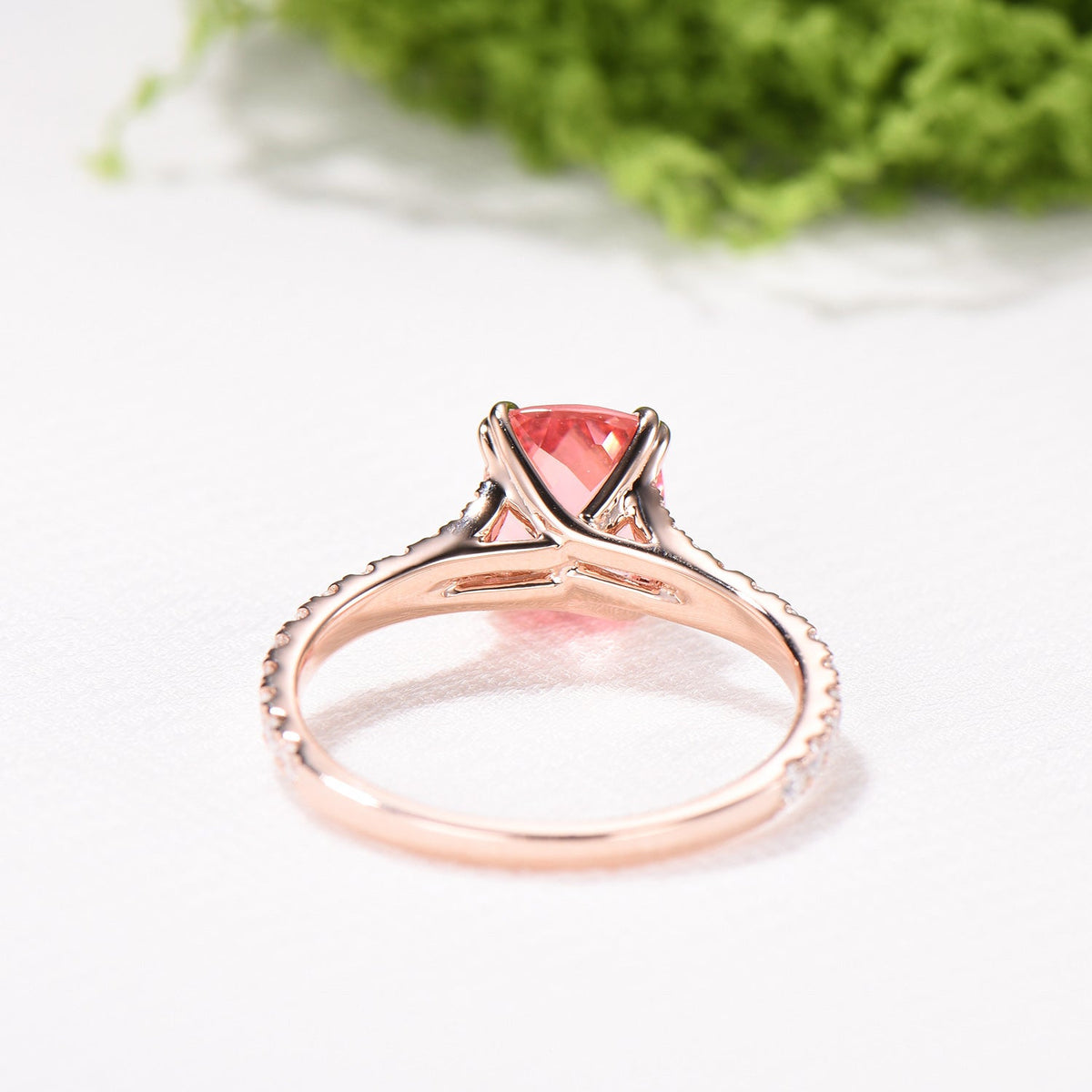 7x9mm Cushion Padparadscha Sapphire Engagement Ring, Split Shank Pave Diamond, Rose Gold Promise Ring