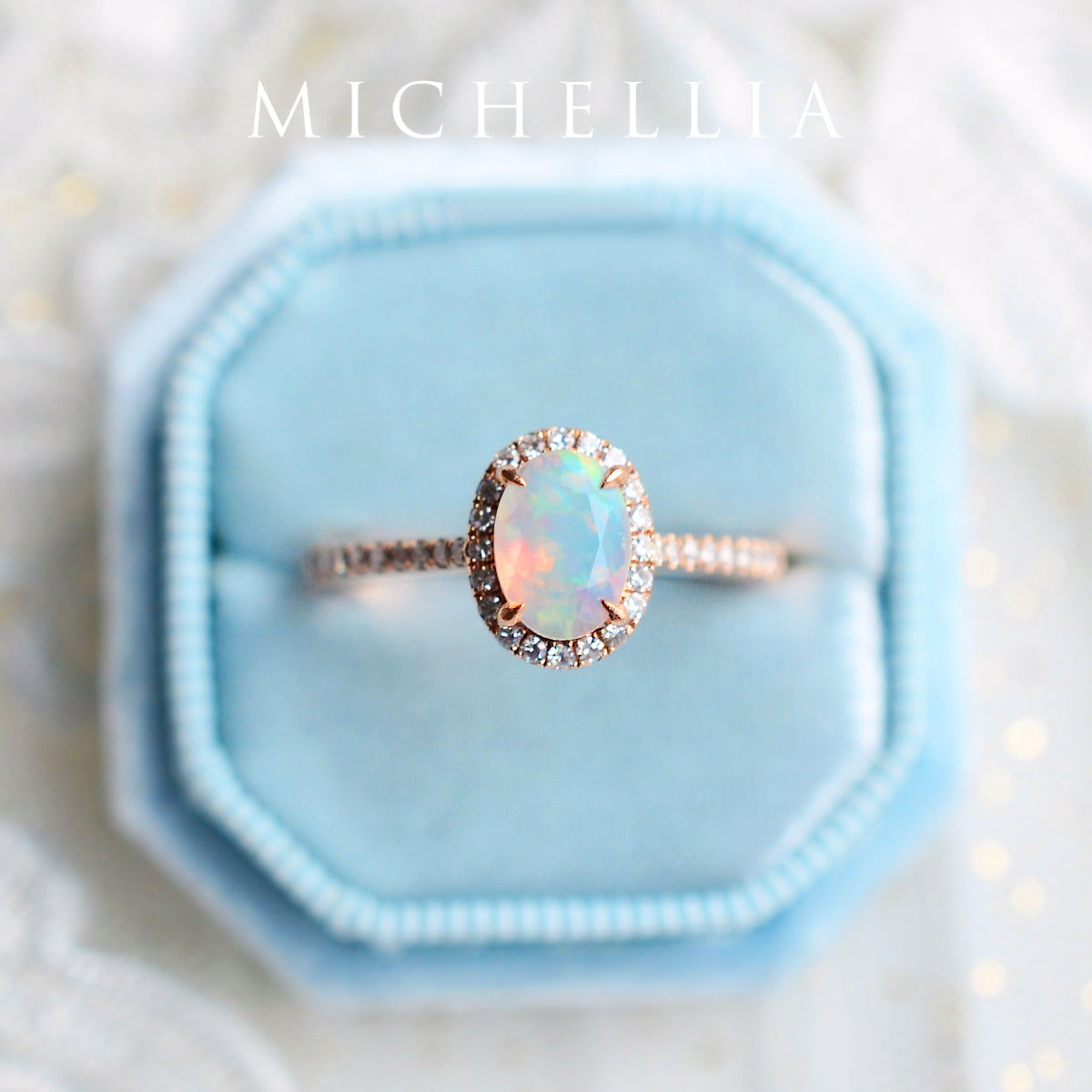[Lenora] Petite Oval Halo Diamond Ring in Opal