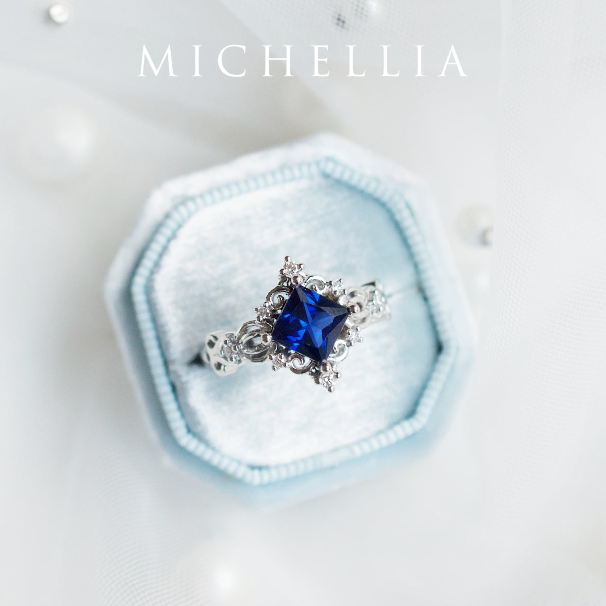 [Elsa] Vintage Square Princess Cut Engagement Ring in Lab Blue Sapphire