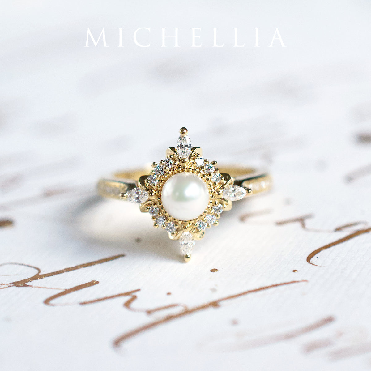 [Astrid] Art Deco Petite Pearl Engagement Ring