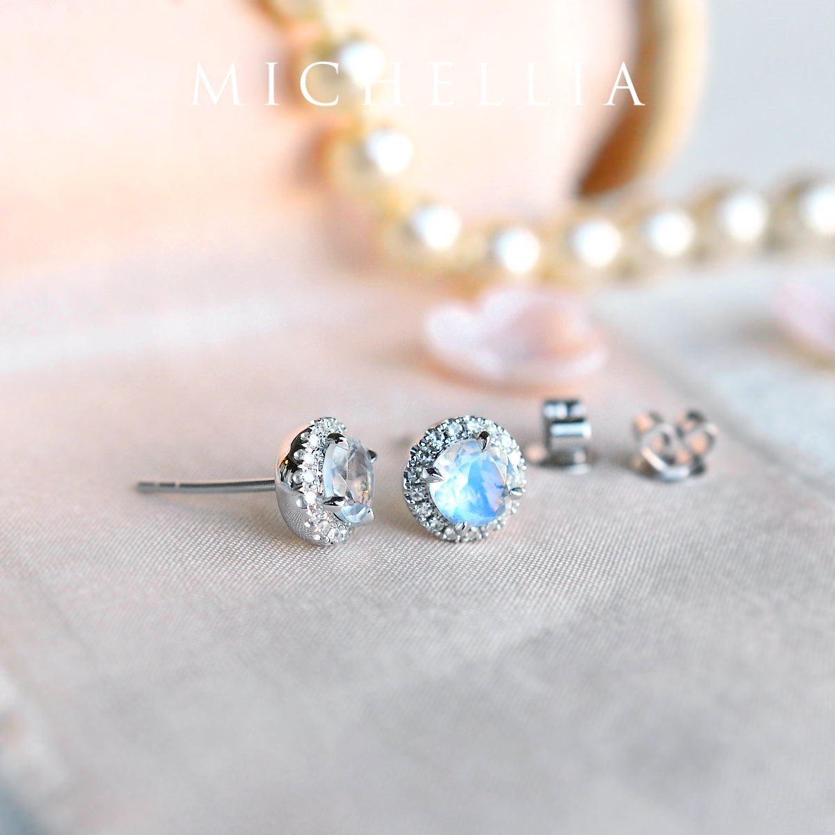 [Nova] Petite Halo Diamond Earrings in Moonstone
