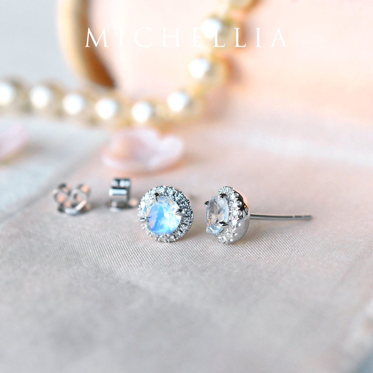 [Nova] Petite Halo Diamond Earrings in Moonstone