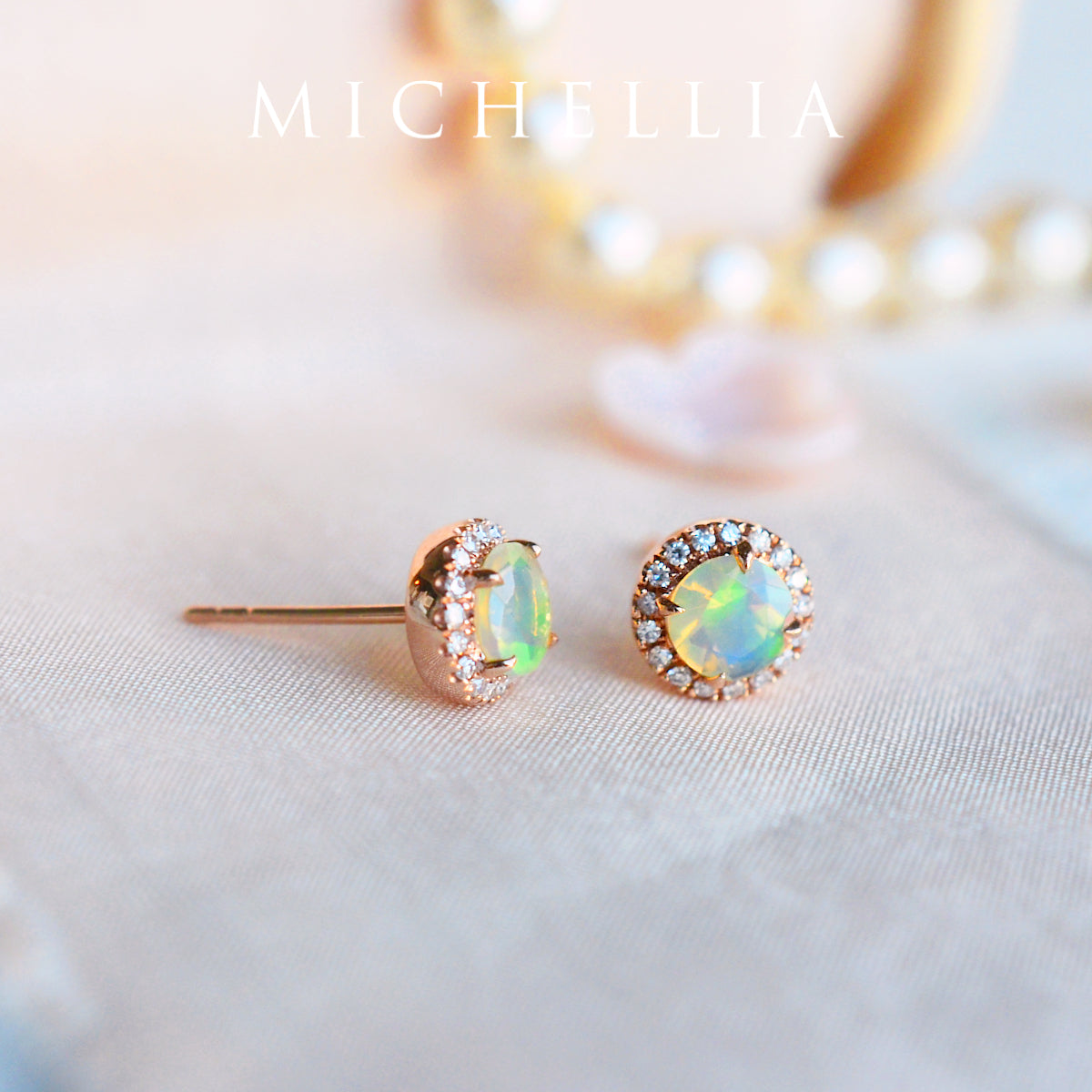 [Nova] Petite Halo Diamond Earrings in Opal