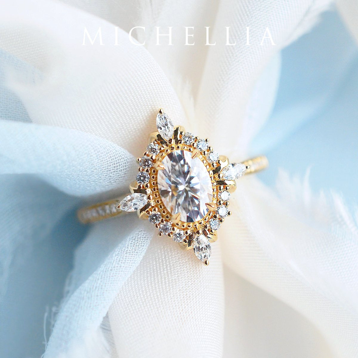 [Alessandra] Art Deco Oval Cut Engagement Ring in Diamond / Moissanite