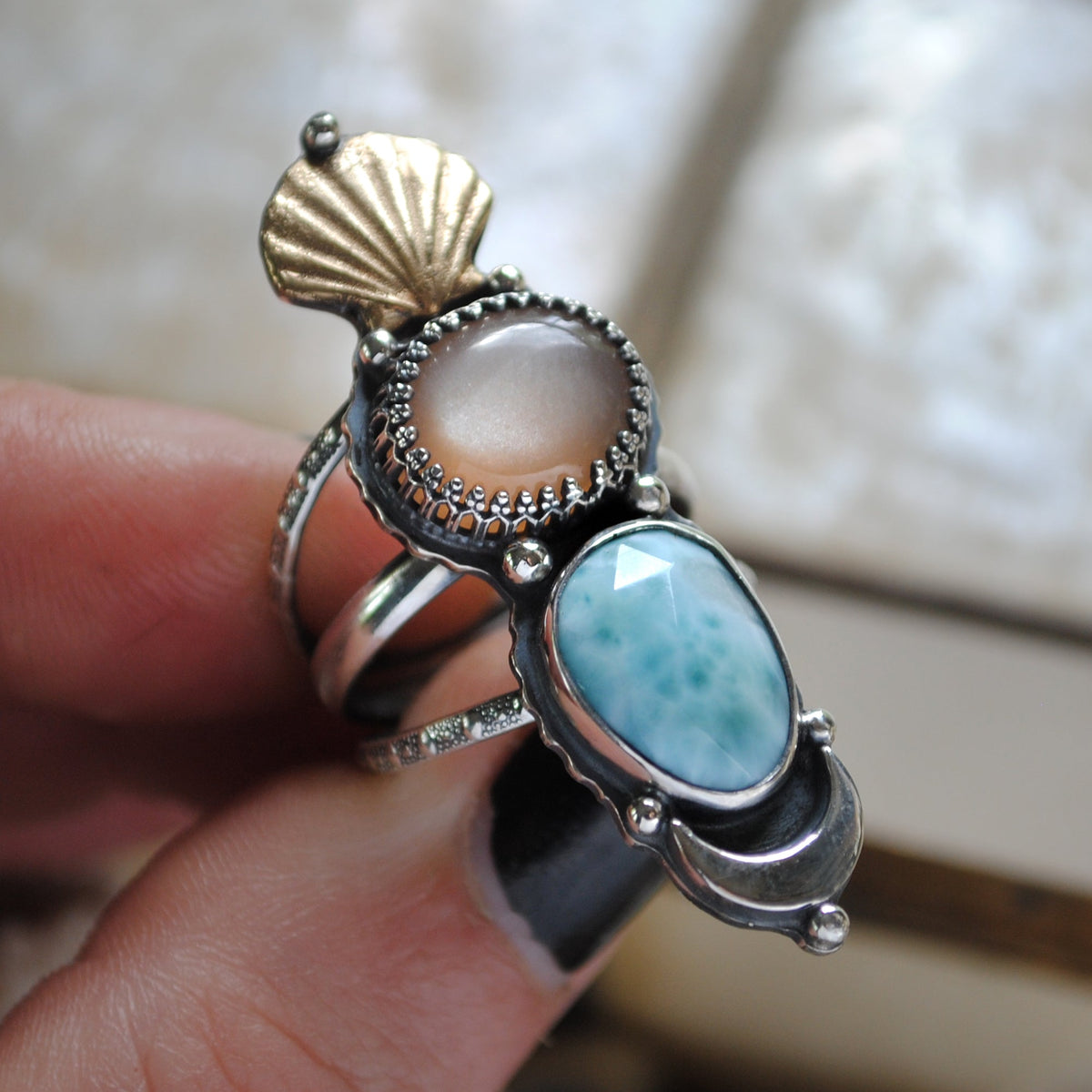 Size 6.75 - (can be stretched to a 7 at request), Moonstone & Larimar