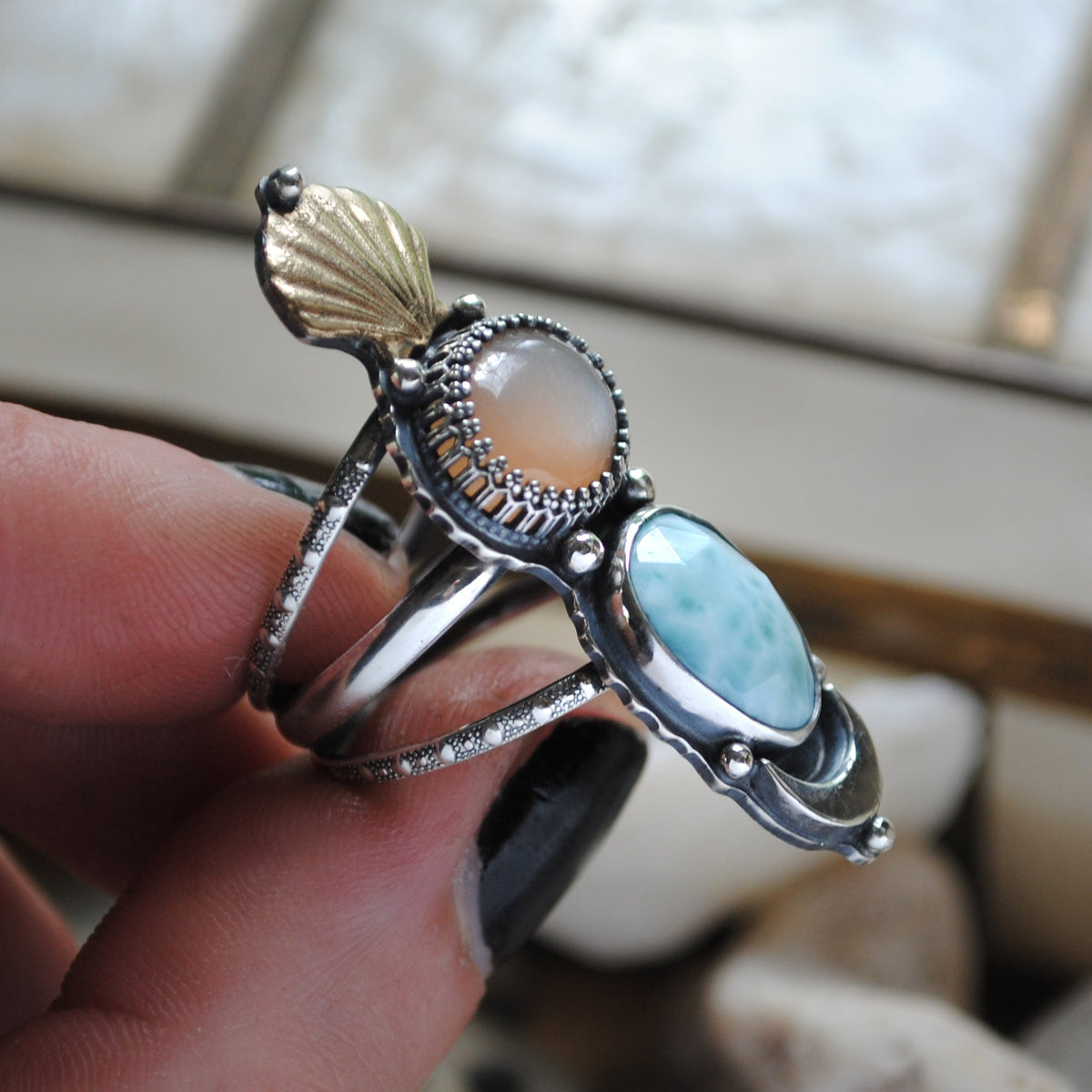 Size 6.75 - (can be stretched to a 7 at request), Moonstone & Larimar