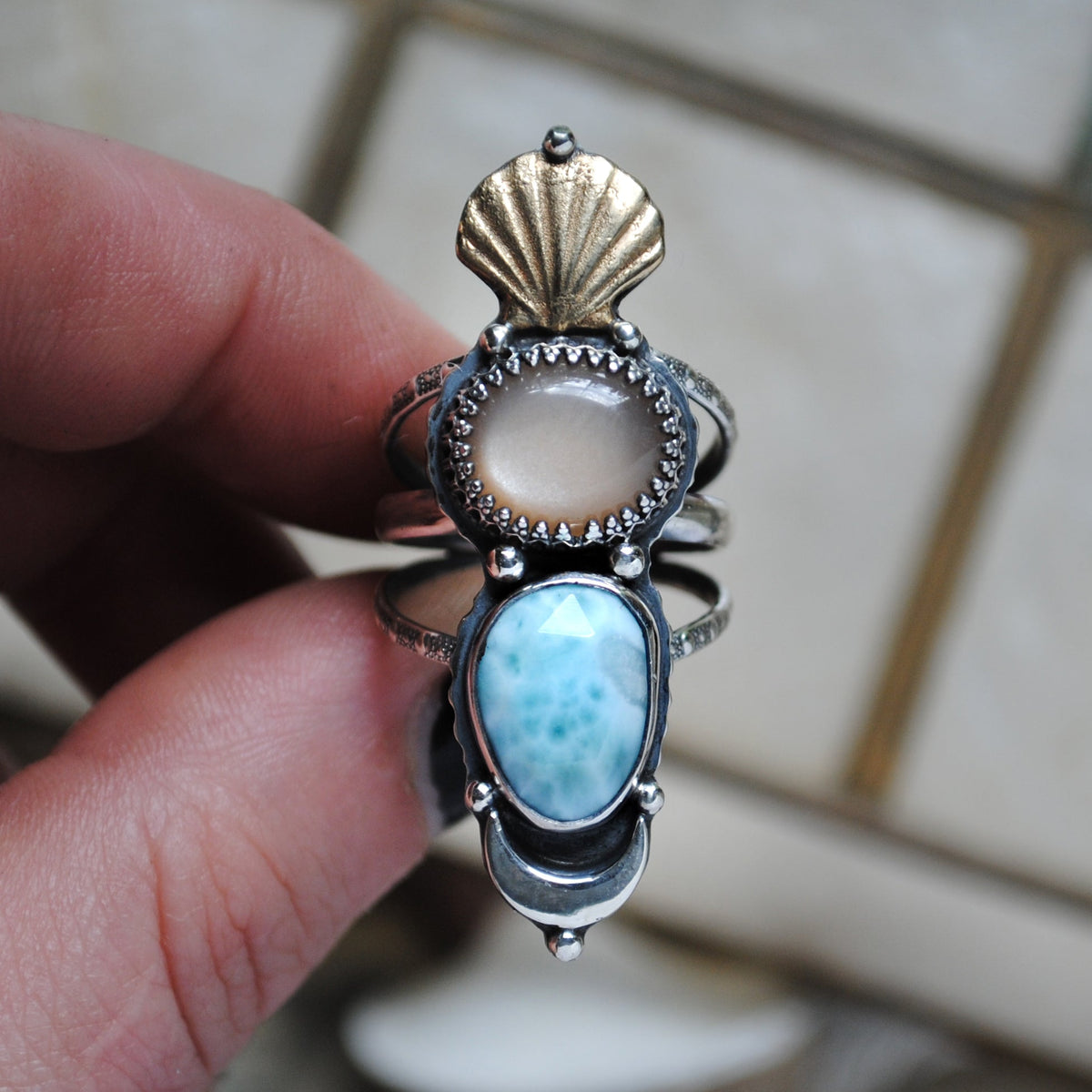 Size 6.75 - (can be stretched to a 7 at request), Moonstone & Larimar
