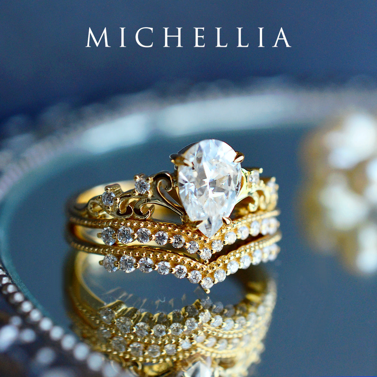 [Francesca] Heirloom Crown Pear Cut Engagement Ring in Diamond / Moissanite
