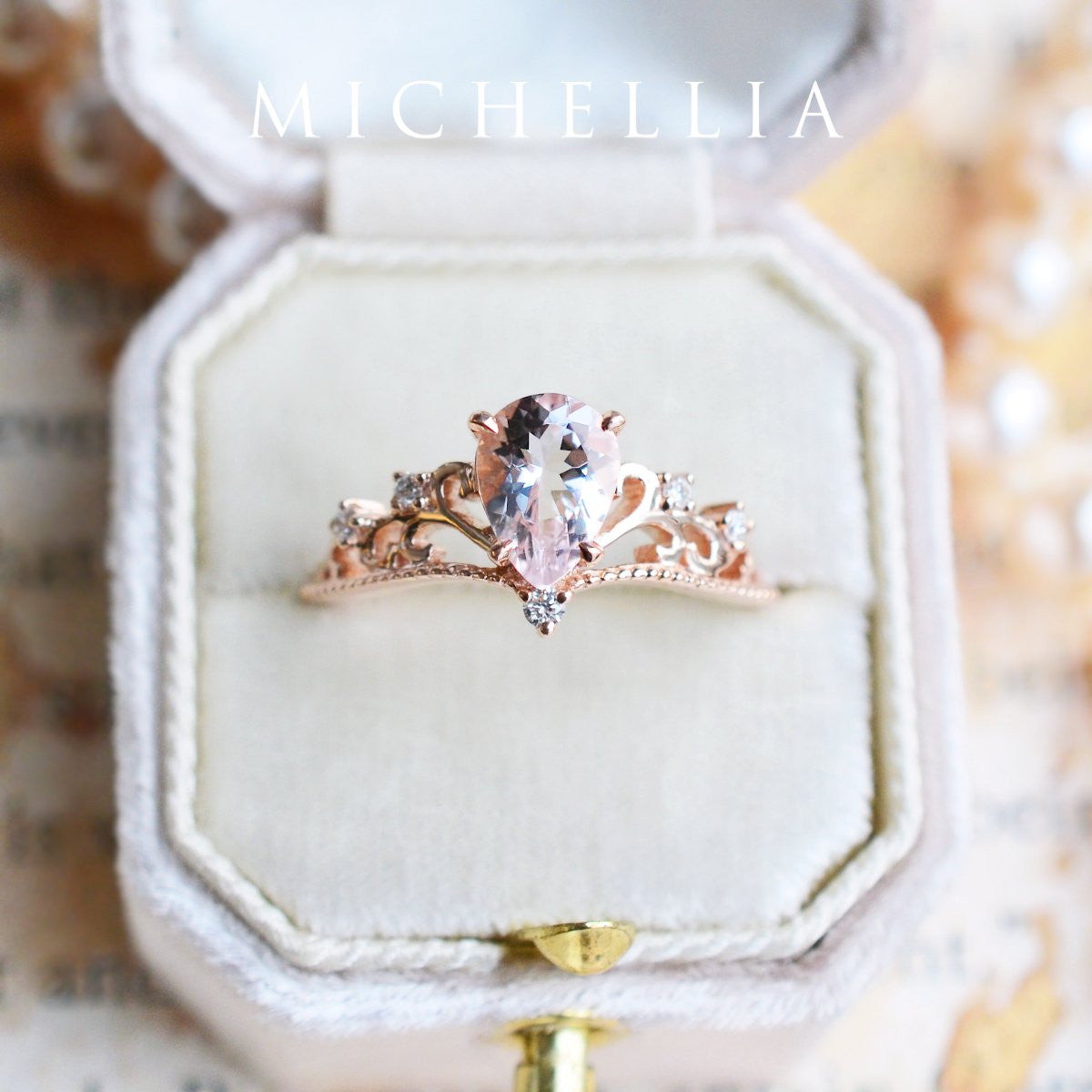 [Veronica] Vintage Crown Pear Engagement Ring in Morganite