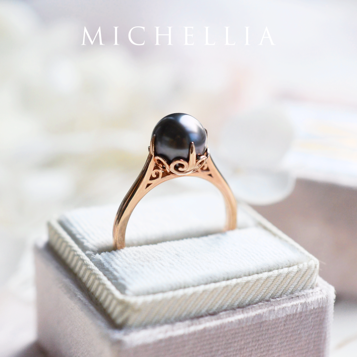 [Marguerite] Victorian Lace Solitaire Engagement Ring in Tahitian Pearl