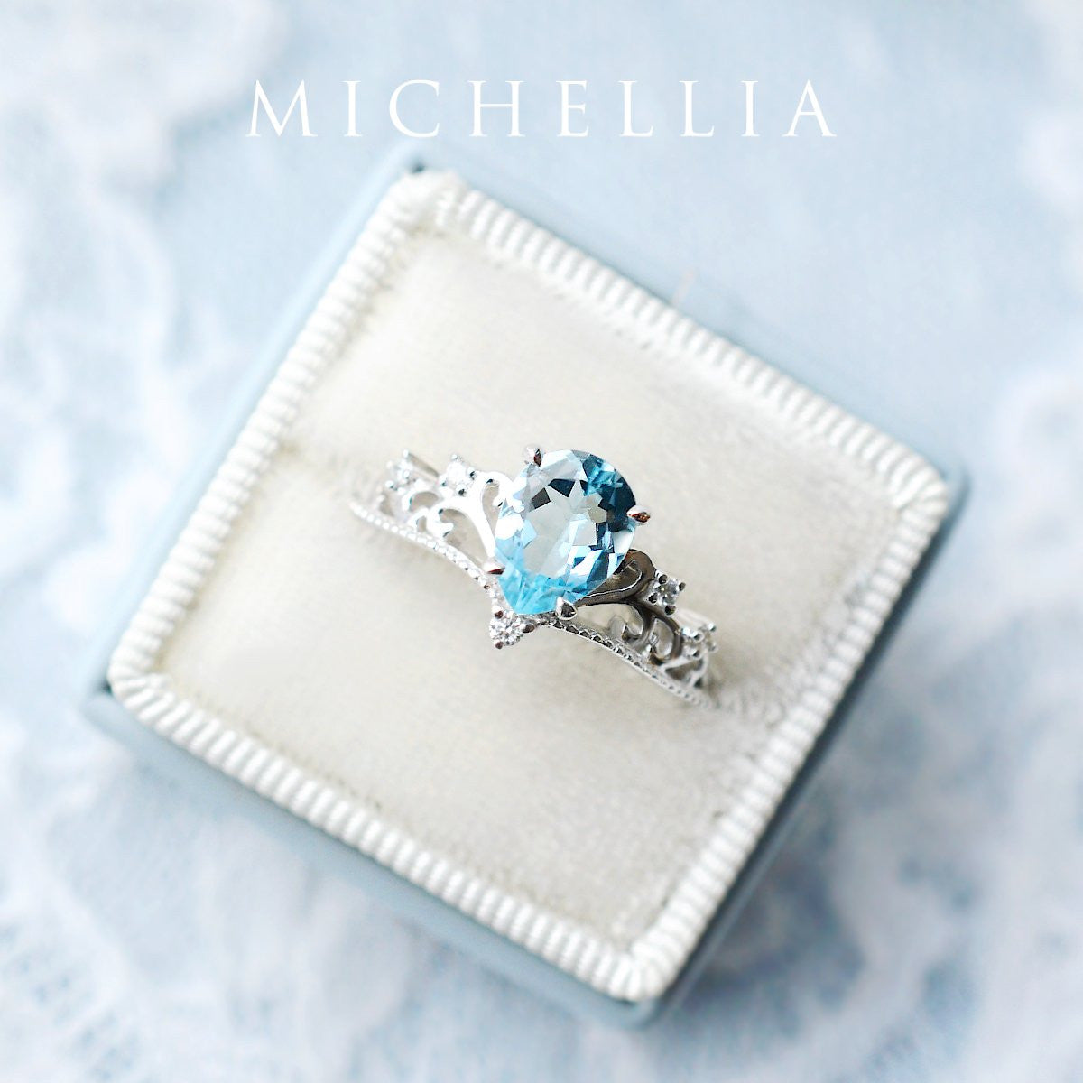 [Veronica] Vintage Crown Pear Engagement Ring in Aquamarine