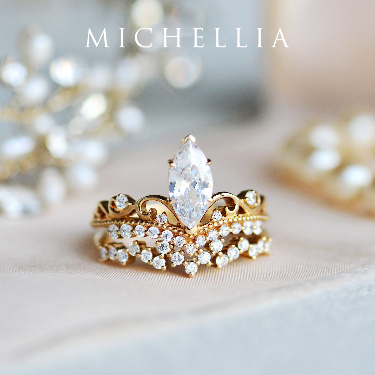 [Windsor] Vintage Crown Marquise Engagement Ring in Diamond / Moissanite