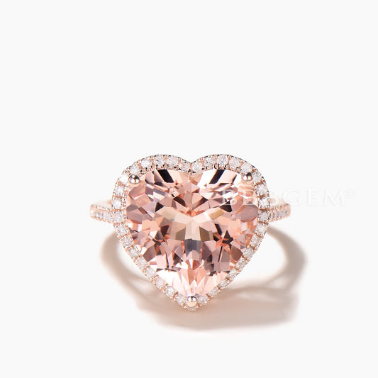 4CT Heart Cut Natural Morganite Engagement Ring Diamond Halo Rose Gold Ring
