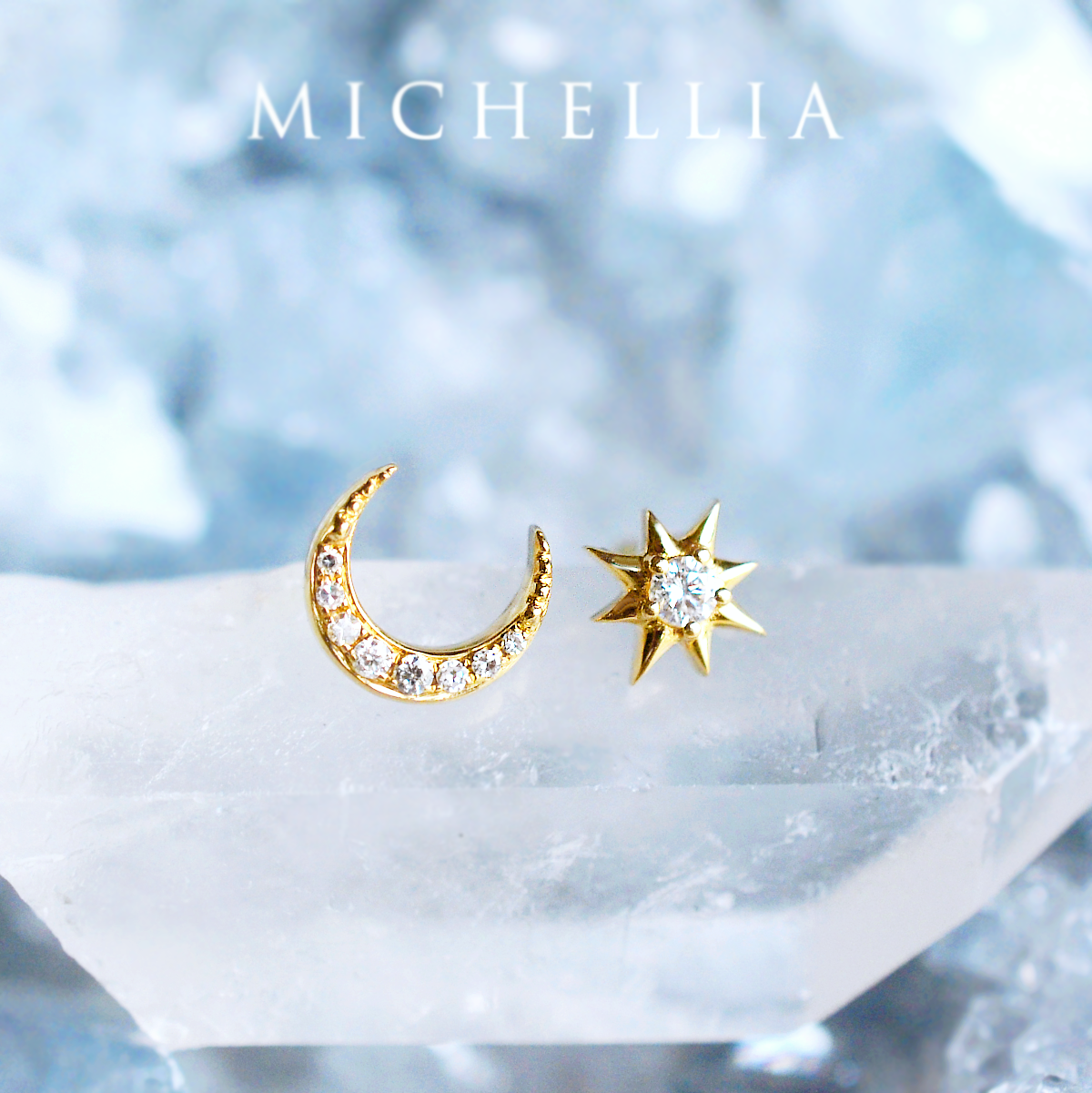 [Divina] Diamond Moon and Star Solid Gold Earrings