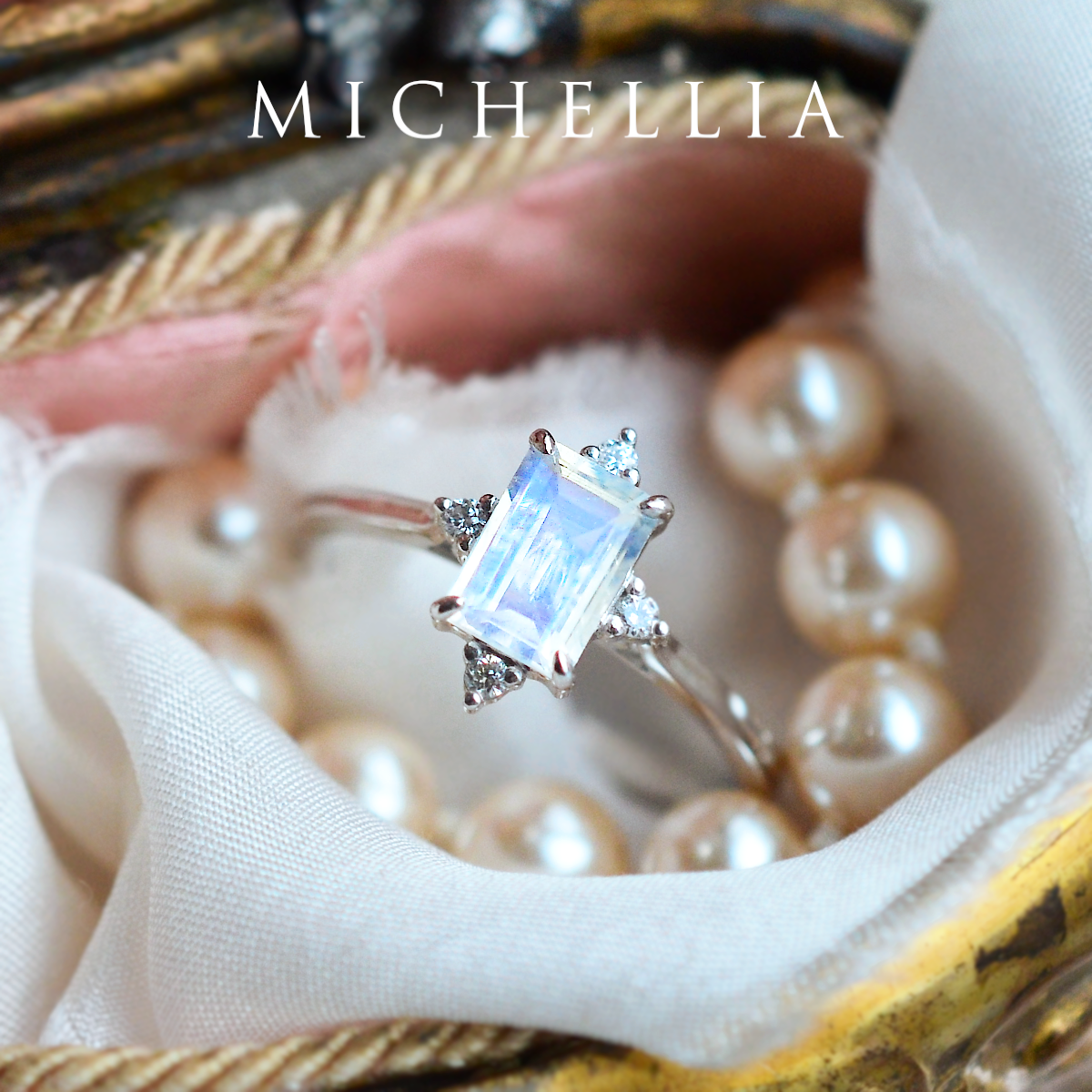 [Justine] Mid Century Emerald Cut Ring in Moonstone
