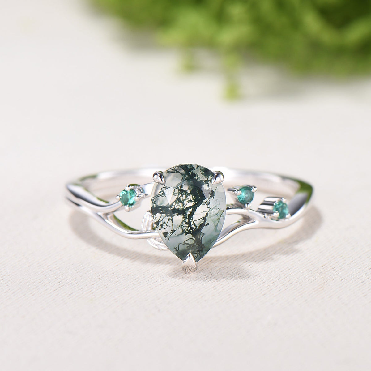 Moss Agate Engagement Ring with Emerald Accents, Rose Gold Nature-Inspired Twig Ring, Unique Handcrafted Botanical Jewelry for Her