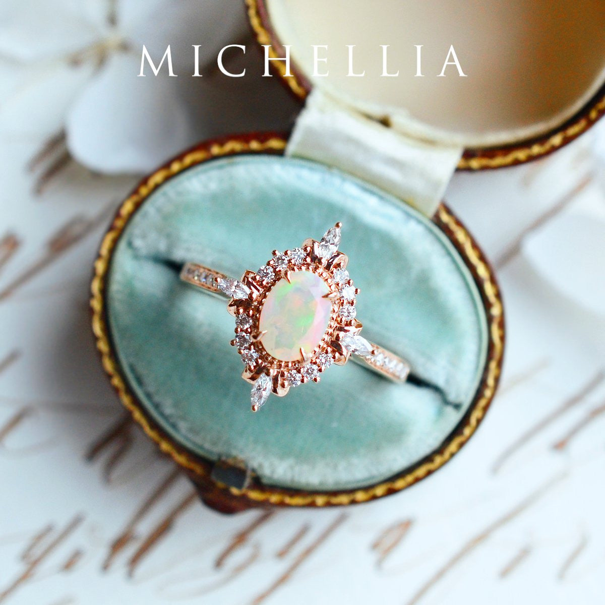 [Alessandra] Art Deco Oval Engagement Ring in Opal