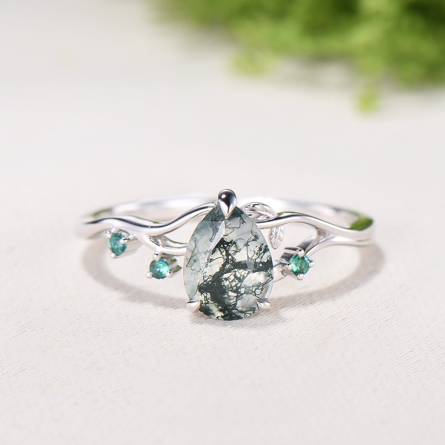 Moss Agate Engagement Ring with Emerald Accents, Rose Gold Nature-Inspired Twig Ring, Unique Handcrafted Botanical Jewelry for Her