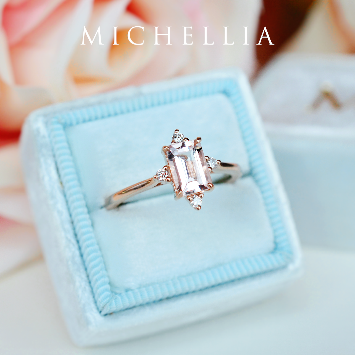[Justine] Mid Century Emerald Cut Ring in Morganite