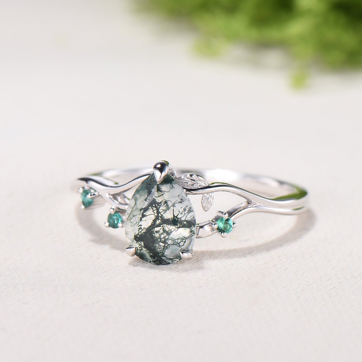 Moss Agate Engagement Ring with Emerald Accents, Rose Gold Nature-Inspired Twig Ring, Unique Handcrafted Botanical Jewelry for Her
