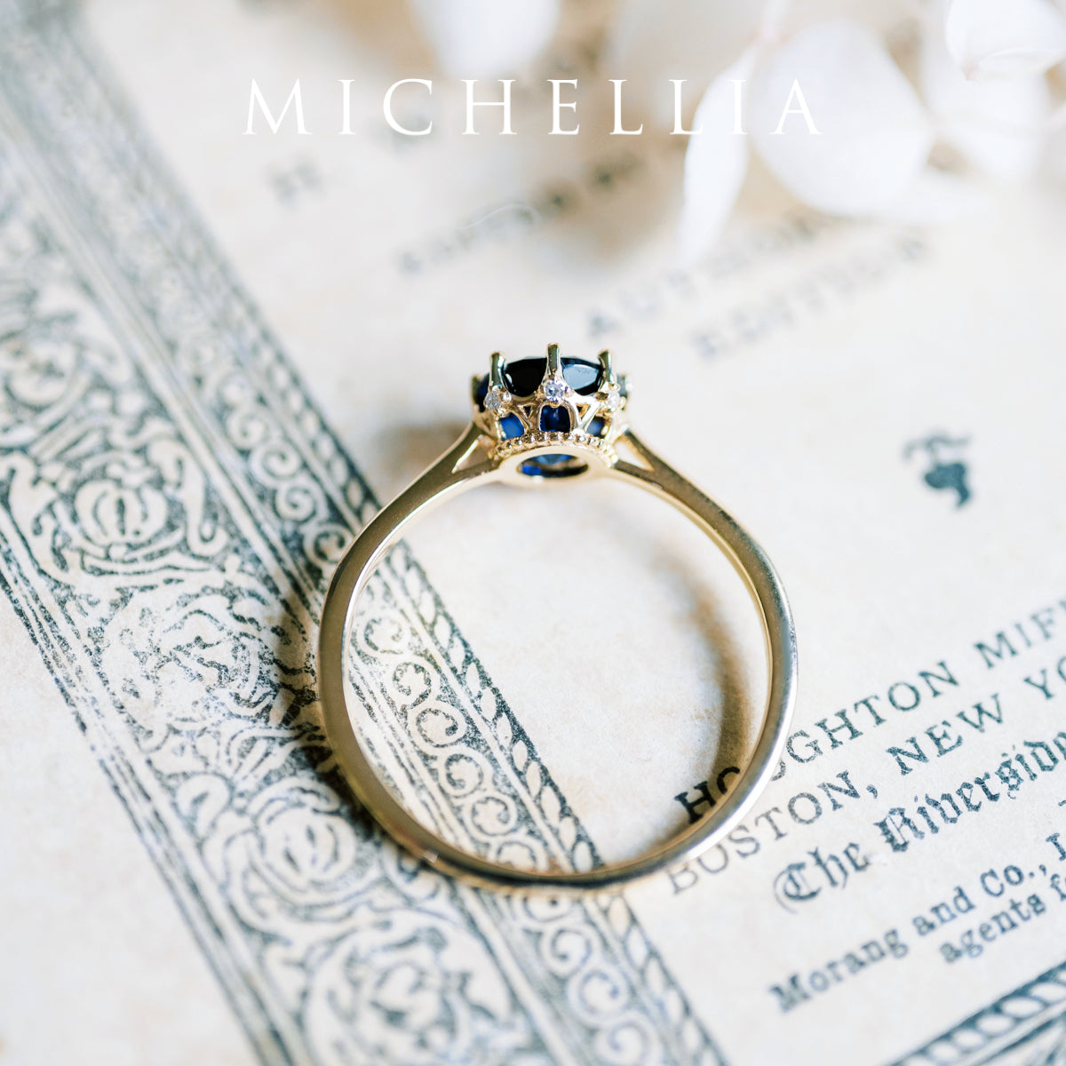 [Cassandra] Vintage Crown Solitaire Ring in Lab Blue Sapphire