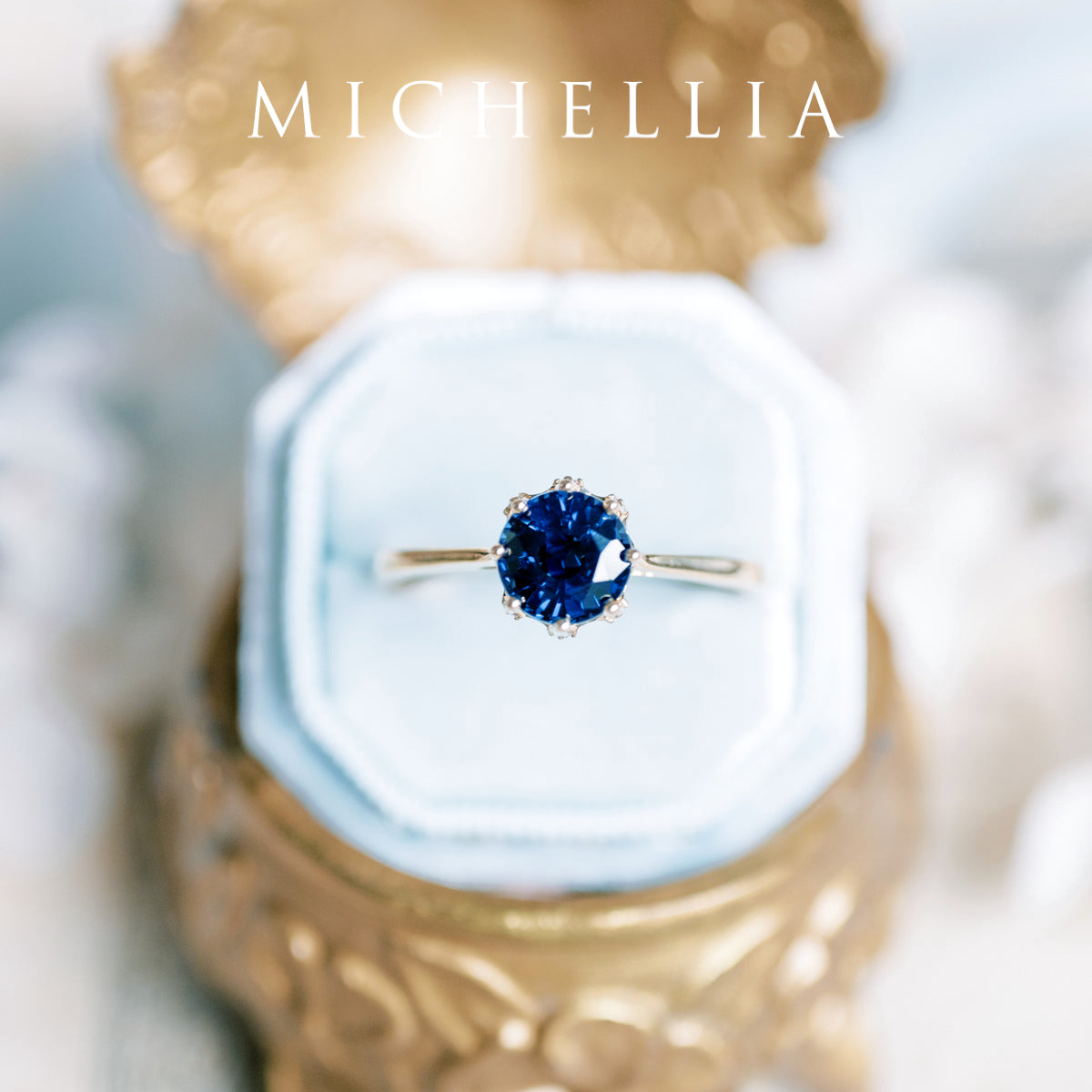 [Cassandra] Vintage Crown Solitaire Ring in Lab Blue Sapphire
