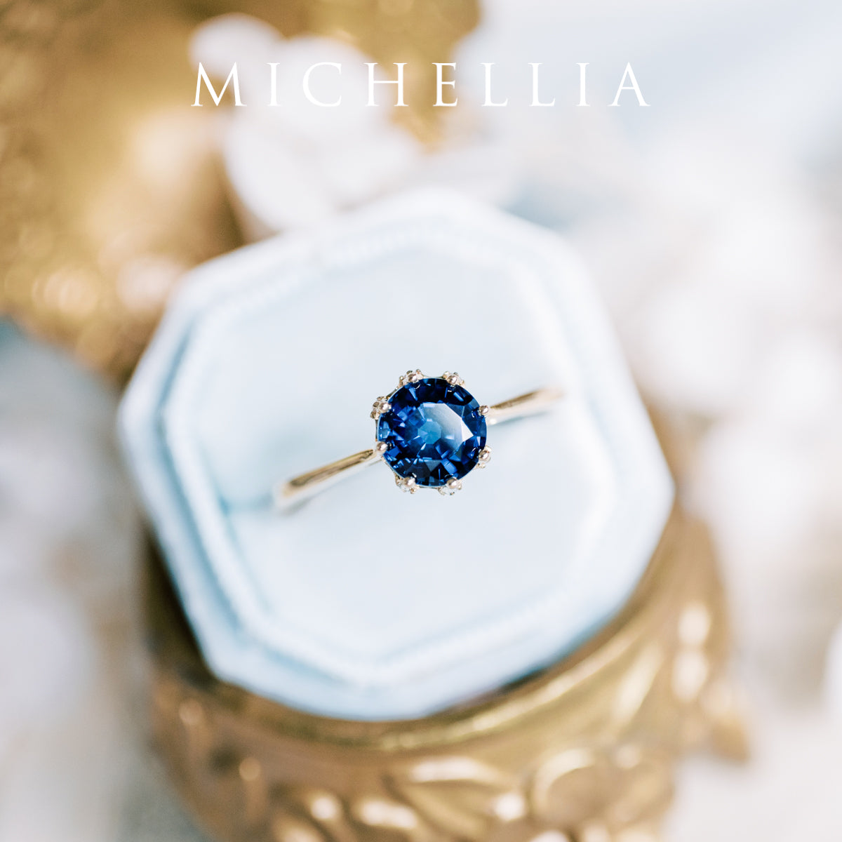 [Cassandra] Vintage Crown Solitaire Ring in Lab Blue Sapphire