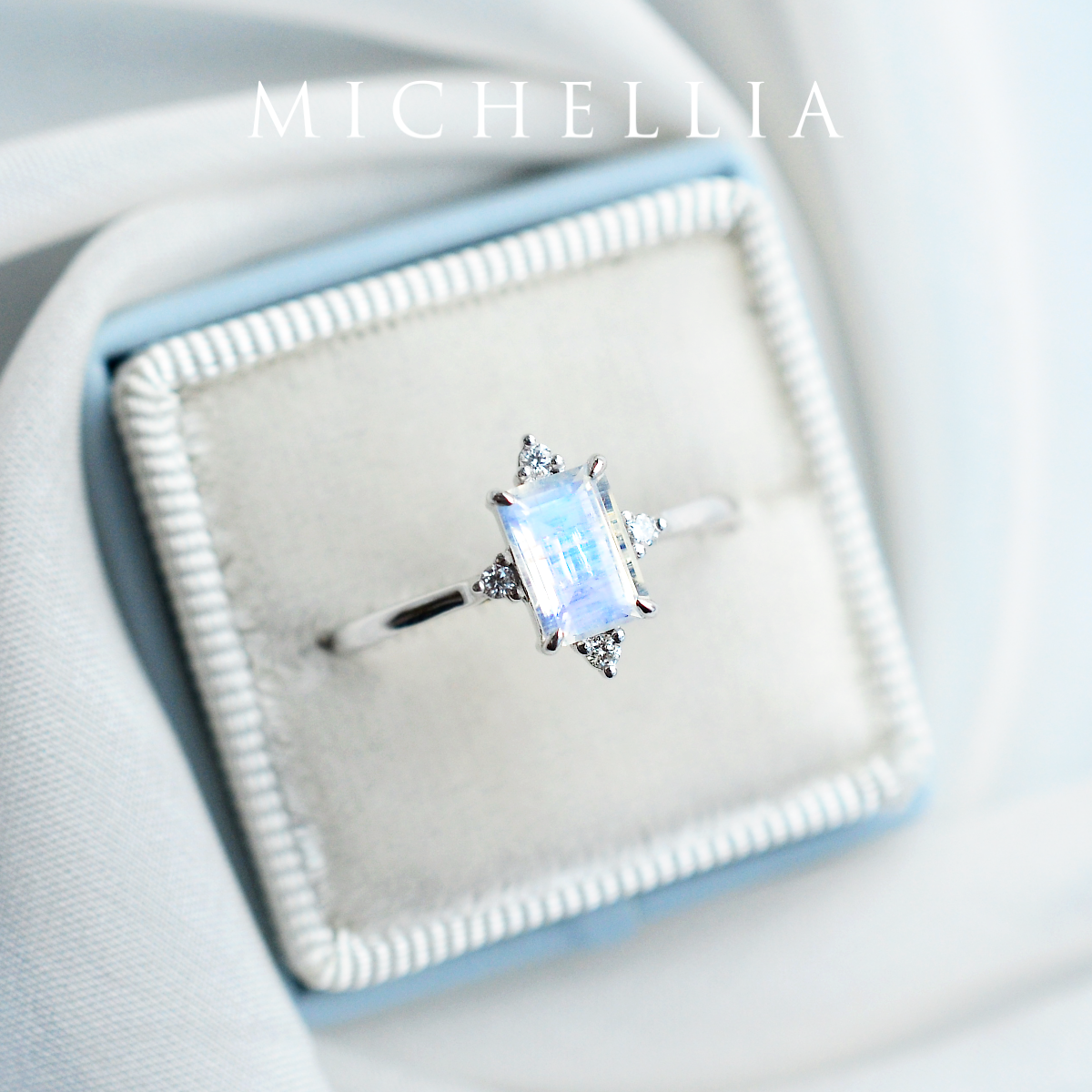 [Justine] Mid Century Emerald Cut Ring in Moonstone