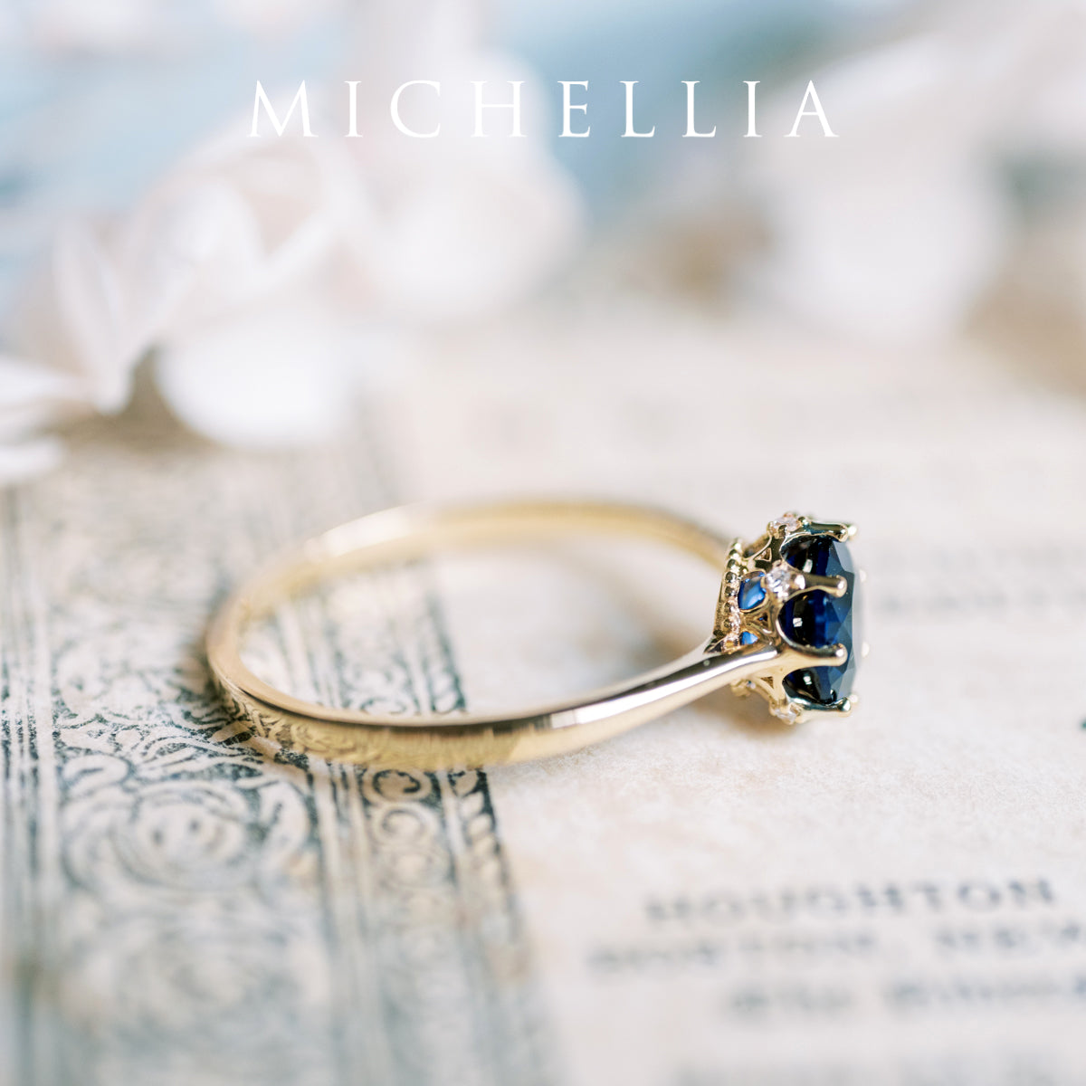 [Cassandra] Vintage Crown Solitaire Ring in Lab Blue Sapphire