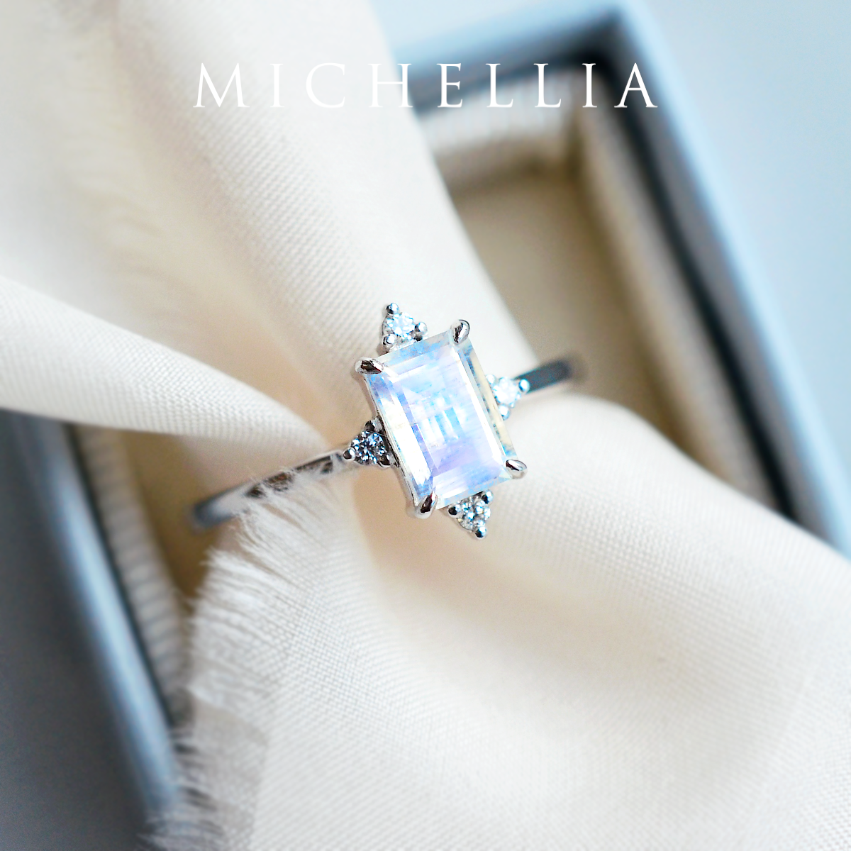[Justine] Mid Century Emerald Cut Ring in Moonstone