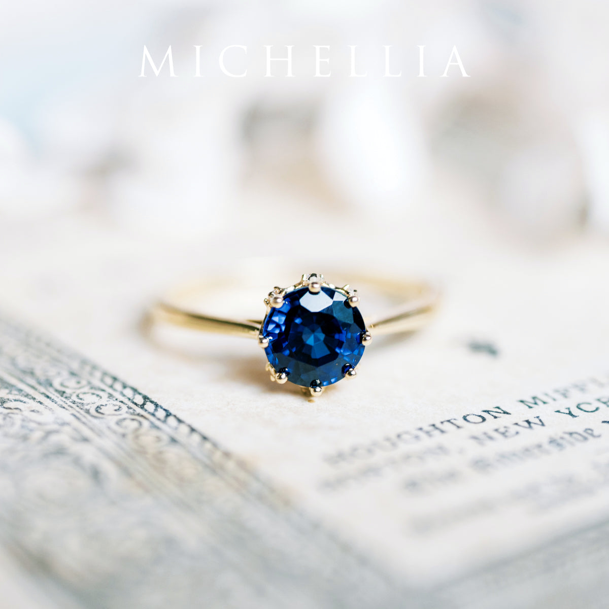 [Cassandra] Vintage Crown Solitaire Ring in Lab Blue Sapphire