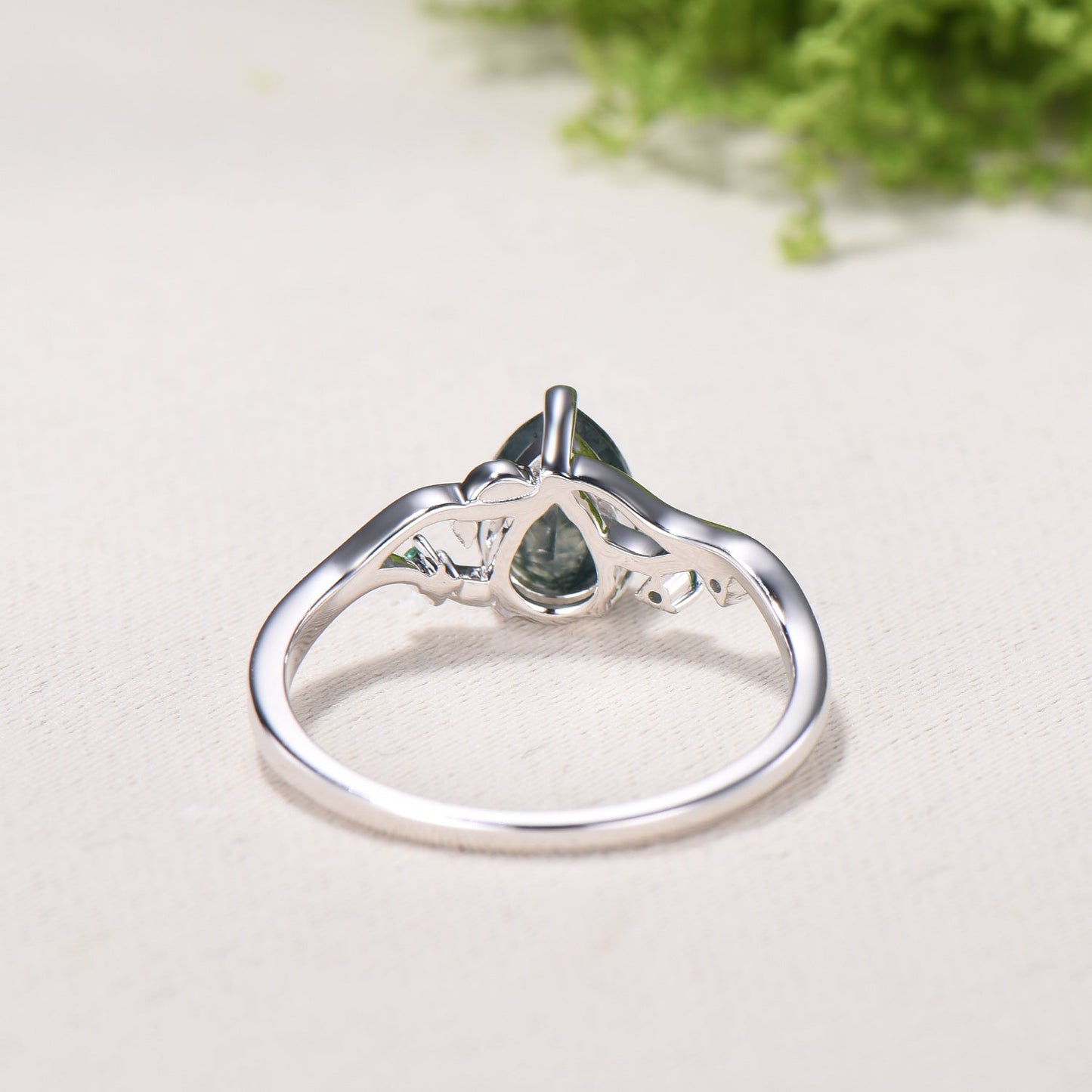Moss Agate Engagement Ring with Emerald Accents, Rose Gold Nature-Inspired Twig Ring, Unique Handcrafted Botanical Jewelry for Her