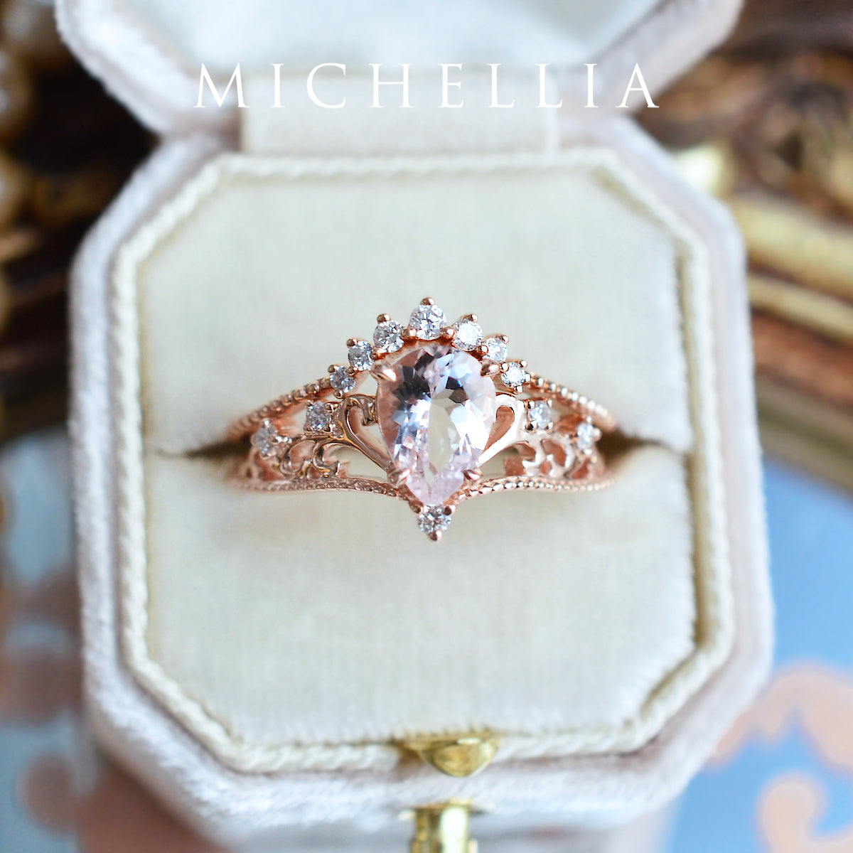 [Veronica] Vintage Crown Pear Engagement Ring in Morganite