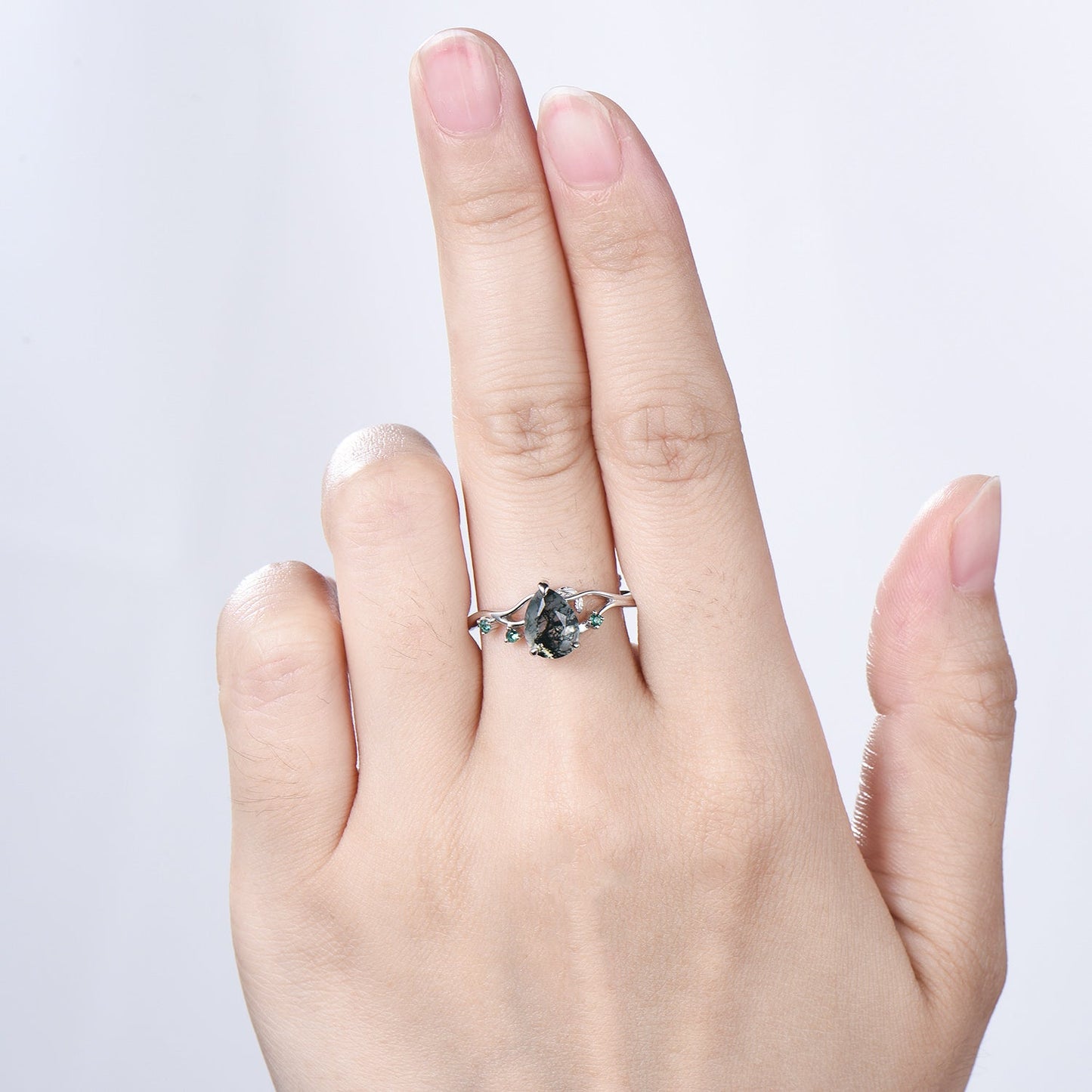 Moss Agate Engagement Ring with Emerald Accents, Rose Gold Nature-Inspired Twig Ring, Unique Handcrafted Botanical Jewelry for Her