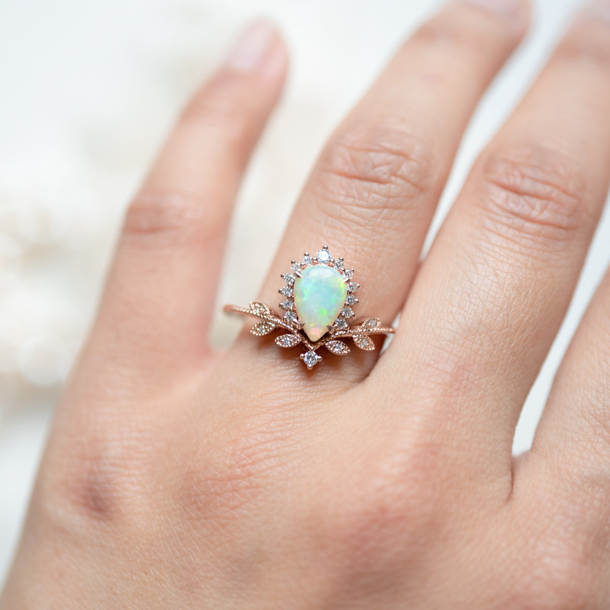 [Isadora] Vintage Woodland Queen Pear Engagement Ring in Australian Opal