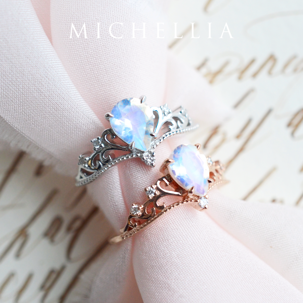 [Veronica] Vintage Crown Pear Enagement Ring in Moonstone